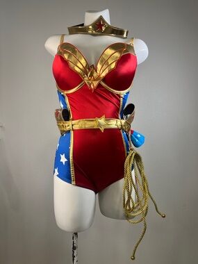 Undergirl Red & Blue with White Stars & Gold Accents Wonder-Style Bodysuit LARGE